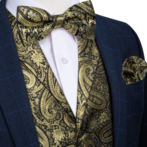 Luxury Golden Paisley Jacquard Silk Men's Collar Vest Bow Tie Handkerchief Cufflinks Set