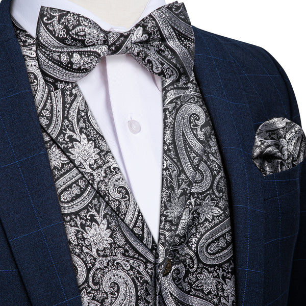 Black Grey Paisley Jacquard Silk Men's Collar Vest Bow Tie Handkerchief Cufflinks Set