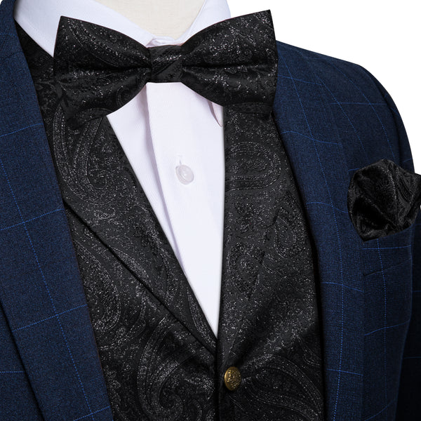 Shining Black Paisley Jacquard Silk Men's Collar Vest Bow Tie Handkerchief Cufflinks Set