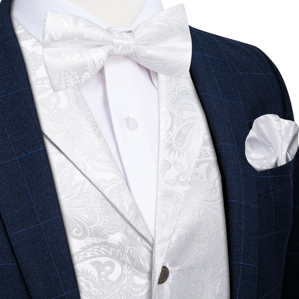 White Paisley Jacquard Silk Men's Collar Vest Bow Tie Handkerchief Cufflinks Set