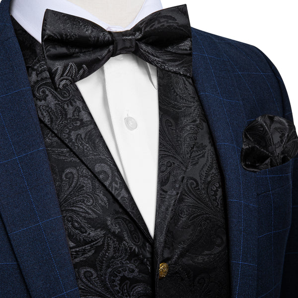 Classic Black Paisley Jacquard Silk Men's Collar Vest Bow Tie Handkerchief Cufflinks Set