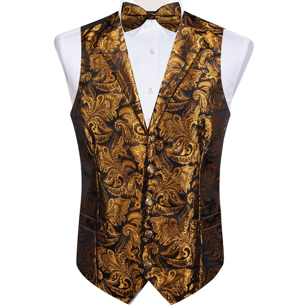 Brown Golden Paisley Silk Men's Collar Vest Bow Tie Handkerchief Cufflinks Set Waistcoat Suit Set