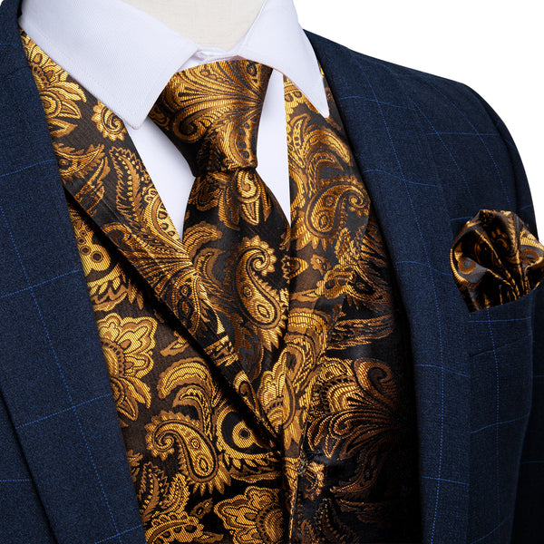 Brown Golden Paisley Men's Collar Vest Tie Hanky Cufflinks Set Waistcoat Suit Set