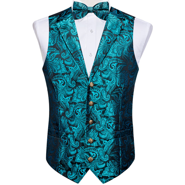 Lake Blue Paisley Silk Men's Collar Vest Bow Tie Handkerchief Cufflinks Set Waistcoat Suit Set