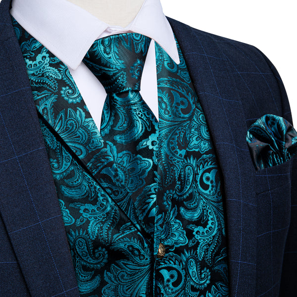 Lake Blue Paisley Men's Collar Vest Tie Hanky Cufflinks Set Waistcoat Suit Set