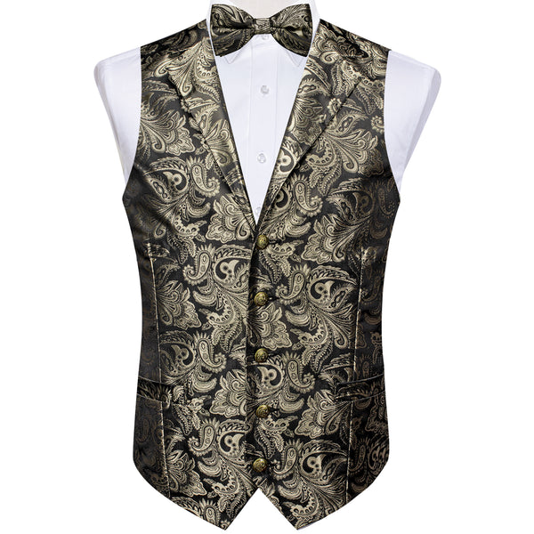 Grey Brown Paisley Silk Men's Collar Vest Bow Tie Handkerchief Cufflinks Set Waistcoat Suit Set