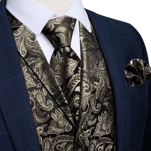 Grey Brown Paisley Men's Collar Vest Tie Hanky Cufflinks Set Waistcoat Suit Set