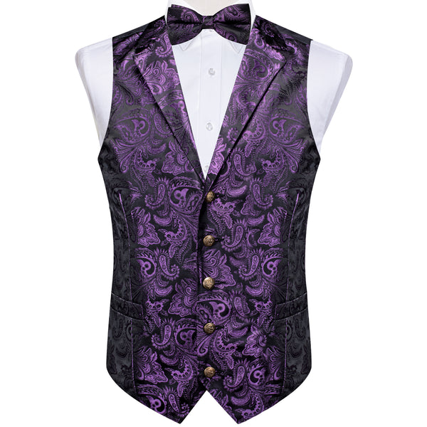 Dark Purple Paisley Silk Men's Collar Vest Bow Tie Handkerchief Cufflinks Set Waistcoat Suit Set