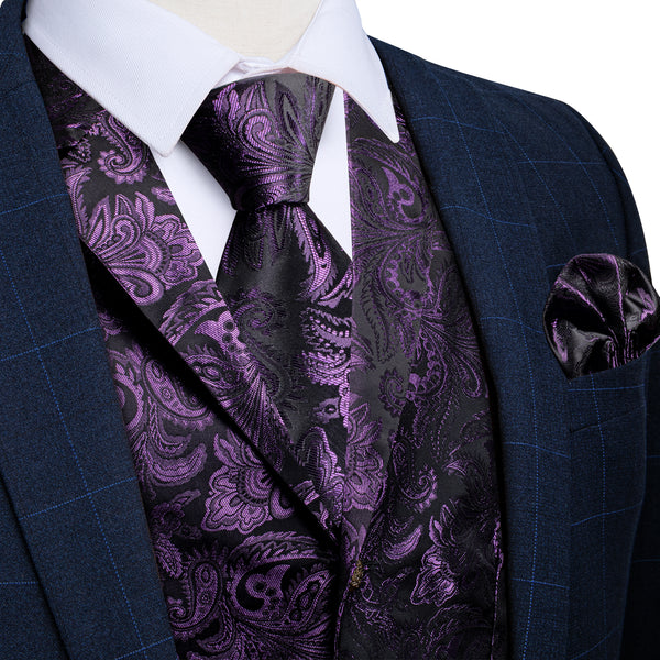 Dark Purple Paisley Men's Collar Vest Tie Hanky Cufflinks Set Waistcoat Suit Set
