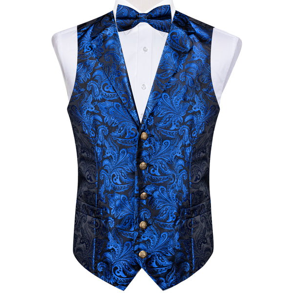 Ties2you Mens Buttoned Vest Royal Blue Paisley Silk Collar Vest Bow Tie Handkerchief Cufflinks Set Waistcoat Suit Set