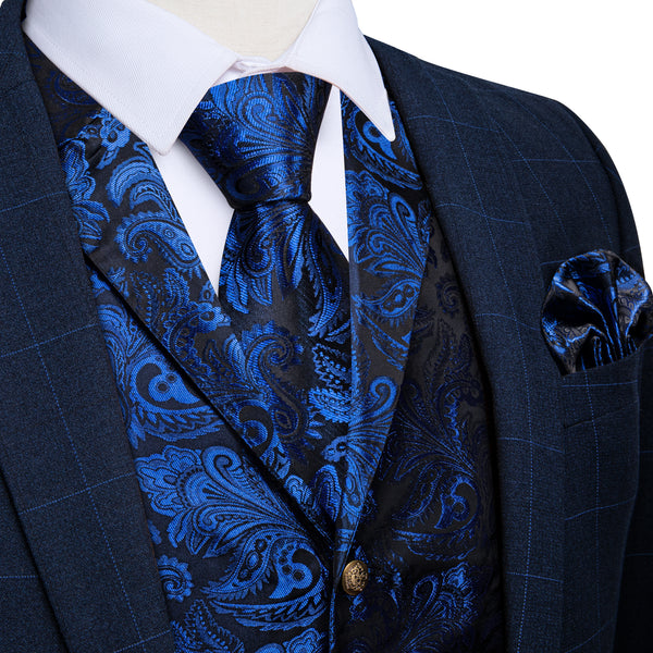 Ties2you Men's Suit Vest Royal Blue Paisley Notched Collar Vest Tie Hanky Cufflinks Set Waistcoat Set