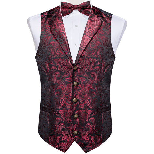 Ties2you Red Vest Silk Paisley Burgundy Collar Vest Bow Tie Handkerchief Cufflinks Set Waistcoat Suit Set for Mens