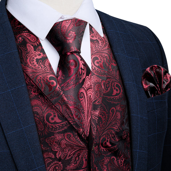 navy blue plaid suit and vest of Burgundy Red Paisley silk mens vest tie pocket square cufflinks set