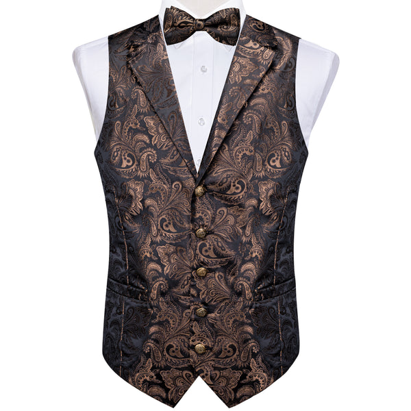 Dark Brown Paisley Silk Men's Collar Vest Bow Tie Handkerchief Cufflinks Set Waistcoat Suit Set