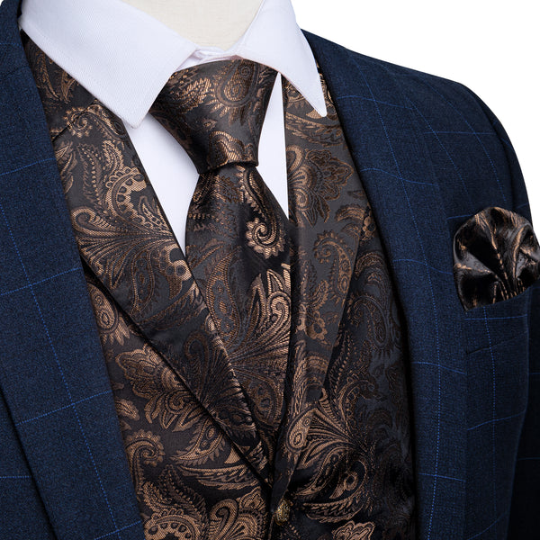 Dark Brown Paisley Men's Collar Vest Tie Hanky Cufflinks Set Waistcoat Suit Set