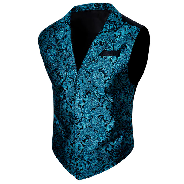 Lake Blue Paisley Jacquard Men's Collar Victorian Suit Vest