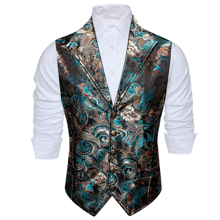 Black Champagne Blue Floral Jacquard Men's Collar Suit Vest