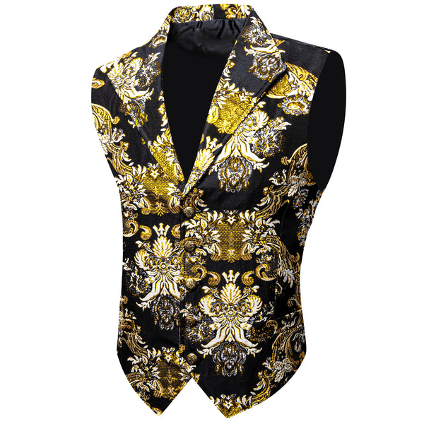 Yellow Black Floral Jacquard Men's Collar Suit Vest