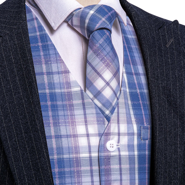 2PCS Blue White Plaid Jacquard Men's Vest Tie Set