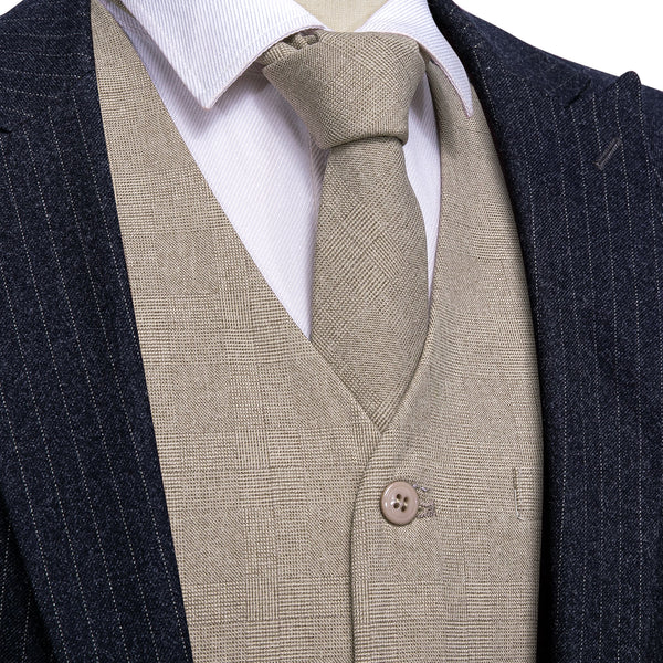 2PCS Khaki Solid Jacquard Men's Vest Tie Set