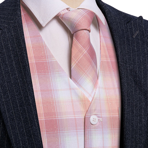 2PCS Pink Light Blue Plaid Jacquard Men's Vest Tie Set