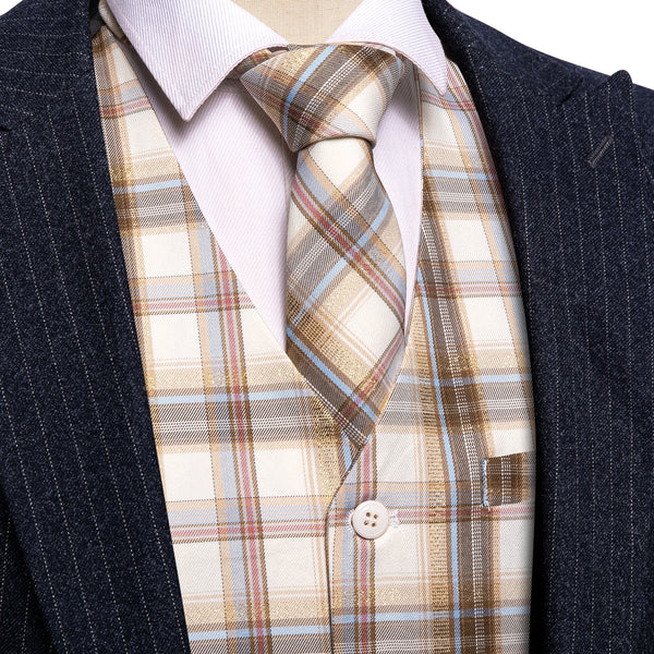 2PCS Beige Light Brown Plaid Jacquard Men's Vest Tie Set