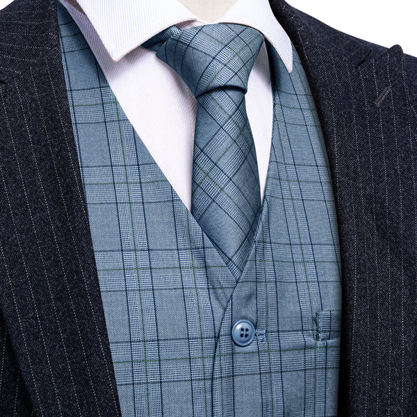 2PCS Blue Plaid Jacquard Men's Vest Tie Set