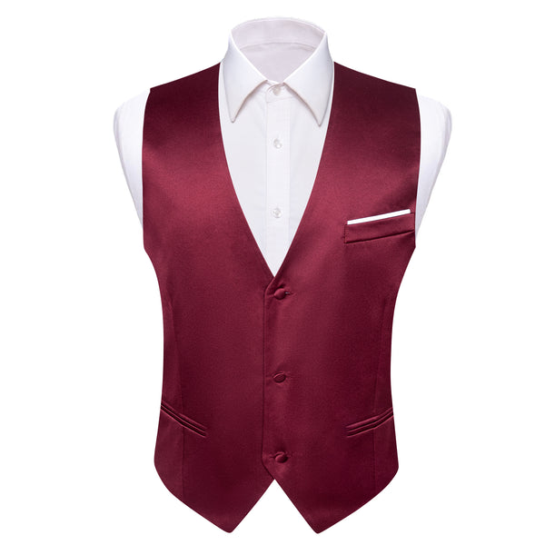 Burgundy Red Solid Satin Silk Men's V-Neck Business Vest