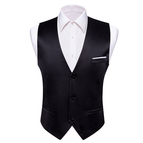 Black Solid Satin Men's V-Neck Business Vest