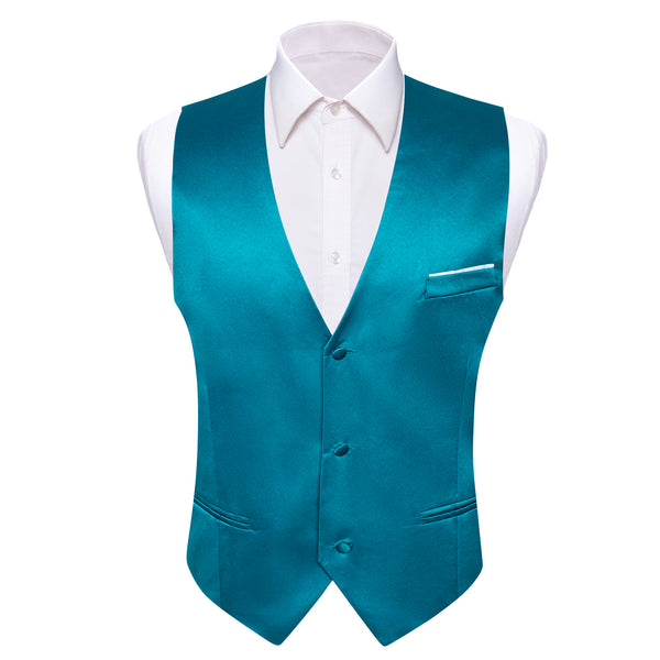 Teal Blue Solid Satin Men's V-Neck Business Vest