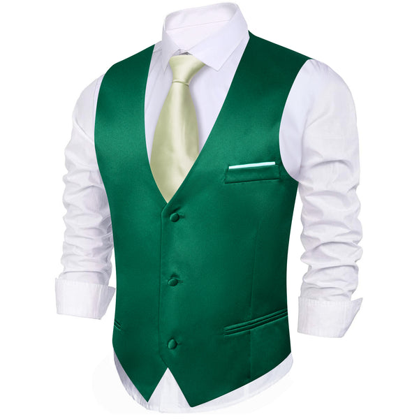 Green Solid Satin Men's V-Neck Business Vest