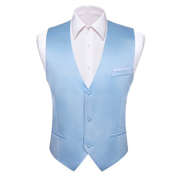 Baby Blue Solid Satin Men's V-Neck Business Vest