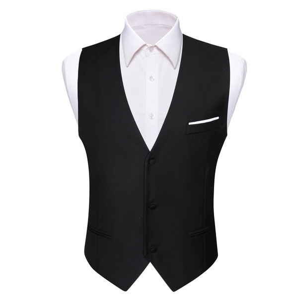 Black Solid Silk Men's V-Neck Business Vest