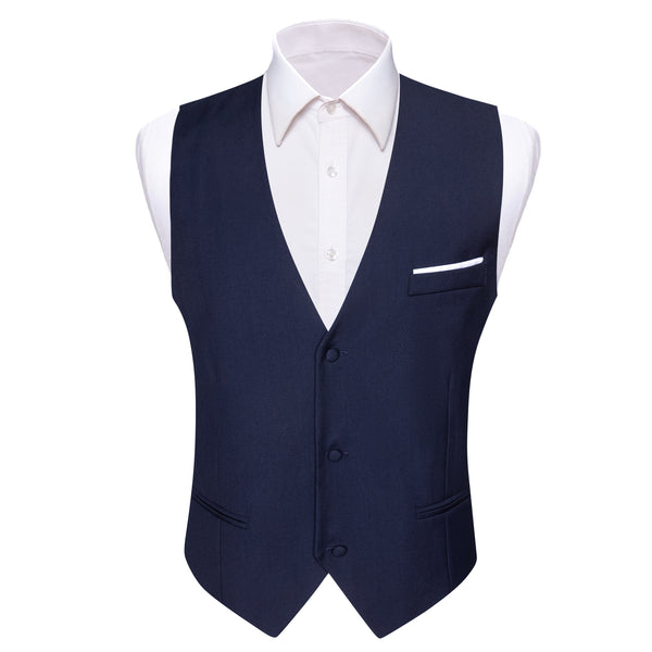 Navy Blue Solid Silk Men's V-Neck Business Vest