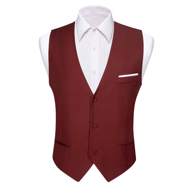 Burgundy Red Solid Silk Men's V-Neck Business Vest