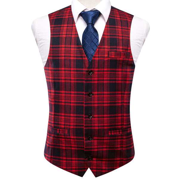 Black Red Plaid Wool Splicing Jacquard Men's Vest