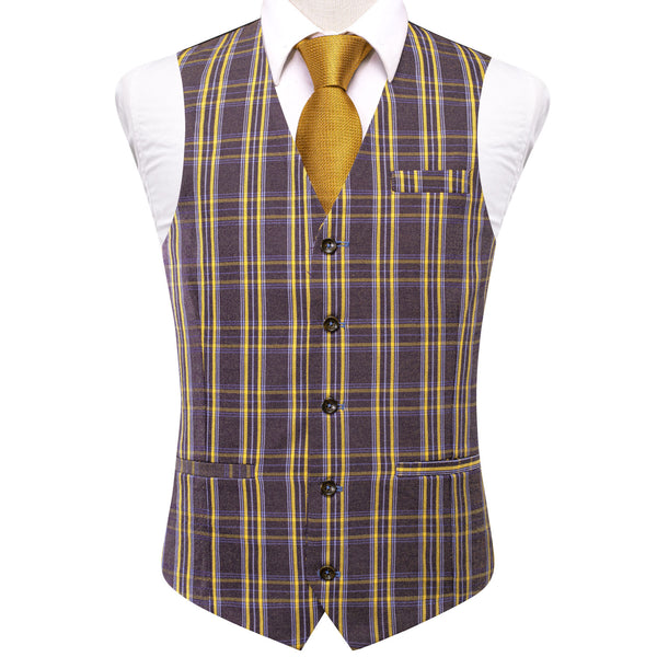 Yellow Brown Plaid Wool Splicing Jacquard Men's Vest