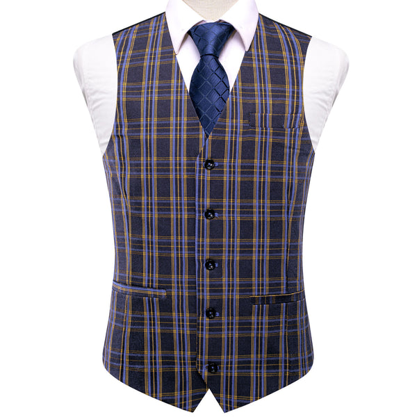 Blue Grey Plaid Wool Splicing Jacquard Men's Vest