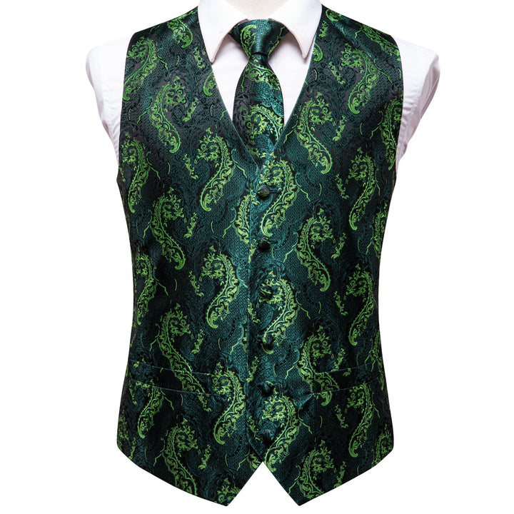 Black Green Floral Jacquard Silk mens wedding vest outfit