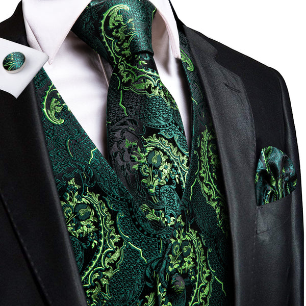 Black Green Floral Jacquard Silk Men's Vest Hanky Cufflinks Tie Set