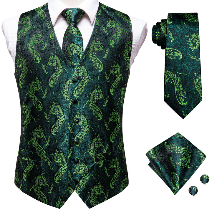 Black Green Floral Jacquard Silk mens casual dress vest