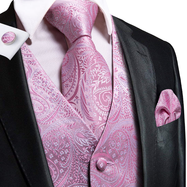Pink Paisley Jacquard Silk Men's Vest Hanky Cufflinks Tie Set