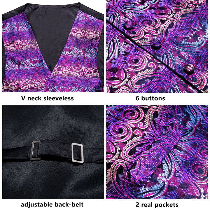 Purple Jacquard paisley mens silk wedding vest suit