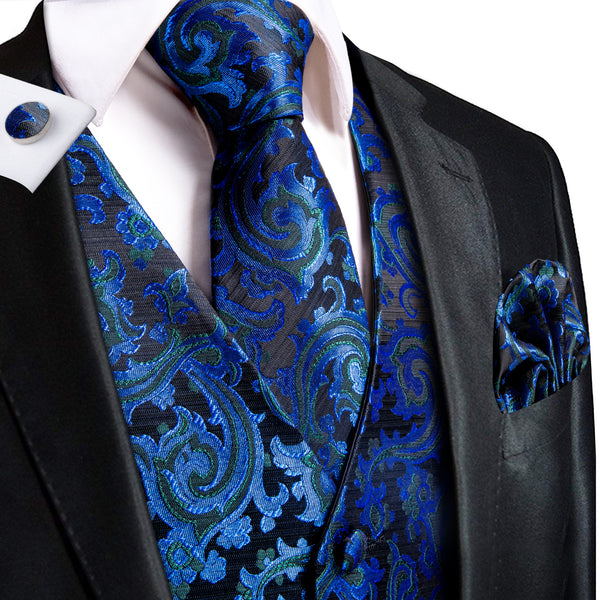 Shining Blue Floral Jacquard Silk Men's Vest Hanky Cufflinks Tie Set