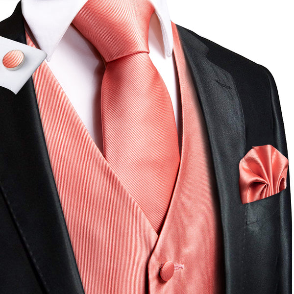 Watermelon Red Solid Jacquard Silk Men's Vest Hanky Cufflinks Tie Set
