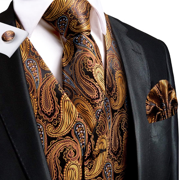 Golden Brown Paisley Jacquard Silk Men's Vest Hanky Cufflinks Tie Set
