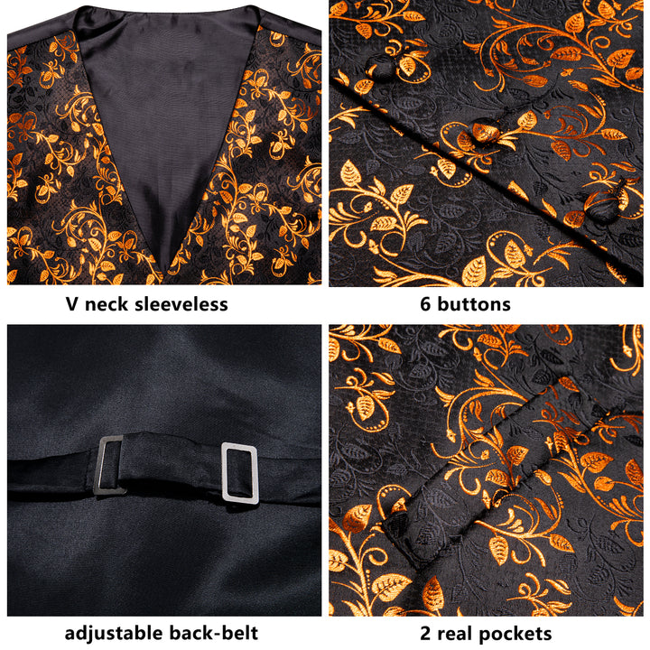 Black Golden Floral Jacquard Silk Men's Vest Hanky Cufflinks Tie Set ...