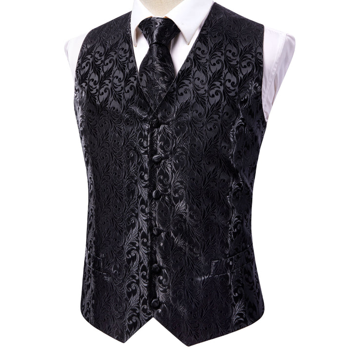 Silver Black Floral Jacquard Silk men vest style