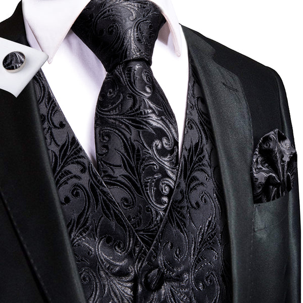 Silver Black Floral Jacquard Silk Men's Vest Hanky Cufflinks Tie Set