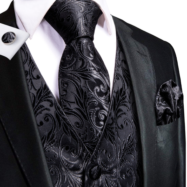 Silver Black Floral Jacquard Silk mens suit with vest
